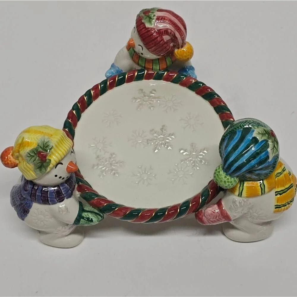 Fitz & Floyd Frosty Folks Snowmans Pillar Candle Holder Christmas Collectible